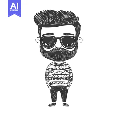 Aset premium populer: Cartoon Illustration of a Bearded Man in Sunglasses Wearing a Patterne