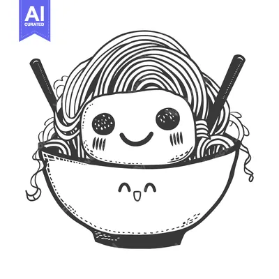 Aset desain premium: Cartoon illustration of a bowl of noodles with a happy face