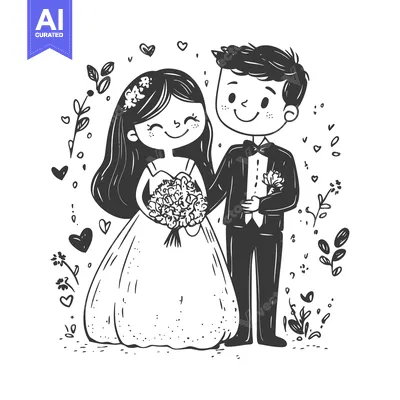 Popular premium asset: Cartoon illustration of a bride and groom with floral accents