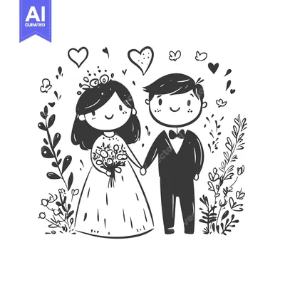 Aset desain premium: Cartoon Illustration of a Bride and Groom with Hearts and Flowers