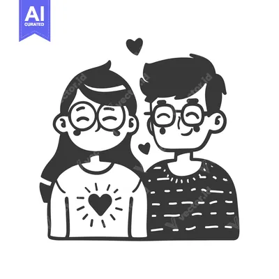 Aset desain premium: Cartoon Illustration of a Couple in Love with Hearts and Glasses