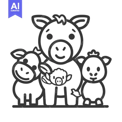 Aset desain premium: Cartoon Illustration of a Cow, a Donkey, and a Lamb