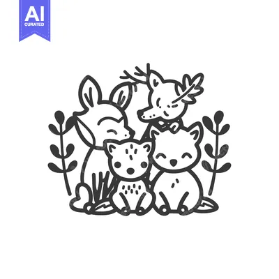 Aset premium populer: Cartoon illustration of a deer, fox and two kittens in a forest settin