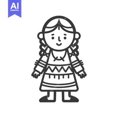 Aset desain premium: Cartoon Illustration of a Girl in a Native American Dress