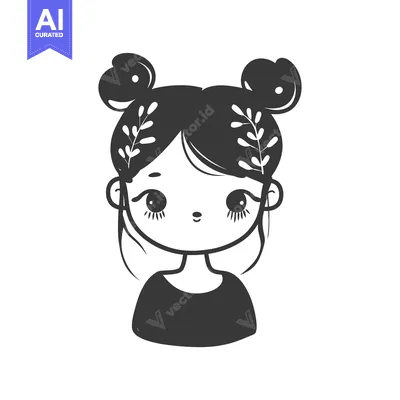 Aset desain premium: Cartoon illustration of a girl with buns and flowers in her hair