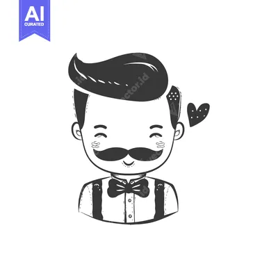 Aset premium populer: Cartoon illustration of a man with a mustache, bowtie, and suspenders