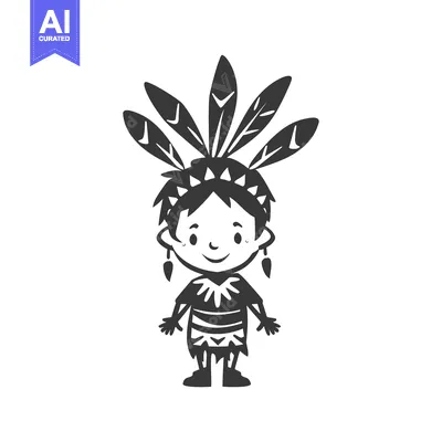 Aset desain premium: Cartoon Illustration of a Native American Boy Wearing a Headdress