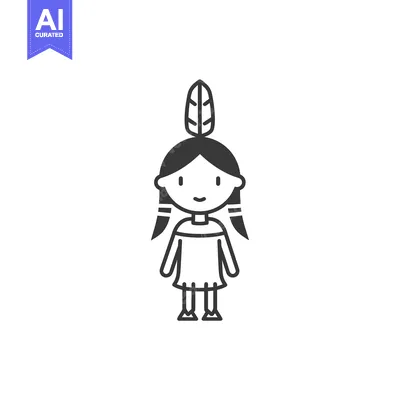 Aset desain premium: Cartoon Illustration of a Native American Girl with a Feather Headdres