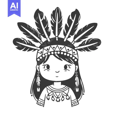 Aset premium populer: Cartoon illustration of a Native American girl with a headdress and tr