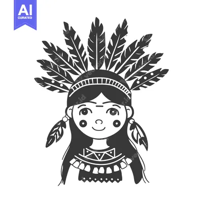 Aset desain premium: Cartoon Illustration of a Native American Girl with Feathers