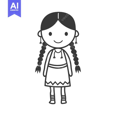 Aset premium populer: Cartoon illustration of a Native American girl with long braids