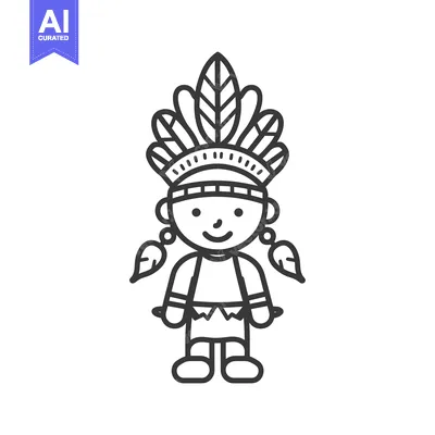 Aset desain premium: Cartoon illustration of an indigenous child wearing a feathered headdr