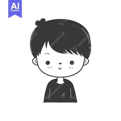 Aset desain premium: Cartoon Illustration of a Smiling Boy with Short Black Hair