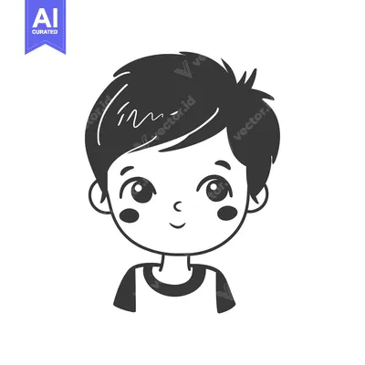 Aset desain premium: Cartoon Illustration of a Smiling Boy with Short Black Hair