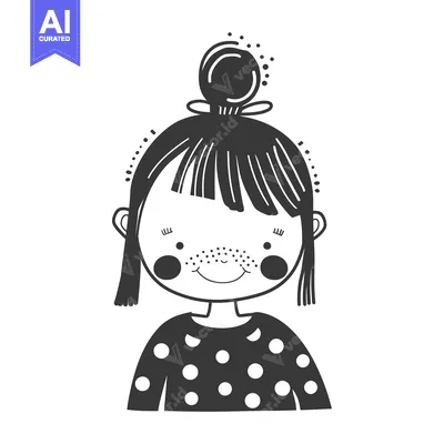 Aset desain premium: Cartoon Illustration of a Smiling Girl with Freckles and a Bun