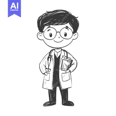 Aset desain premium: Cartoon illustration of a smiling young doctor in a lab coat holding a