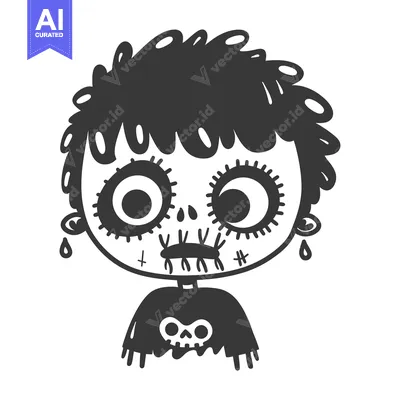 Premium design asset: Cartoon illustration of a stitched-up zombie with large eyes and a sku