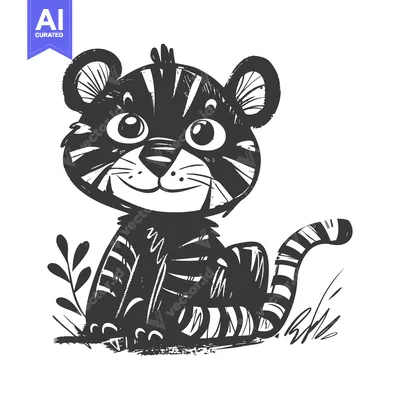 Aset desain premium: Cartoon illustration of a striped tiger cub sitting in grass