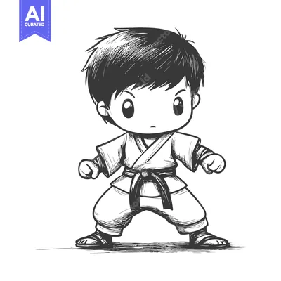 Aset desain premium: Cartoon illustration of a young boy in a karate uniform