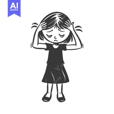 Premium design asset: Cartoon Illustration of a Young Girl Holding Her Head with a Worried E