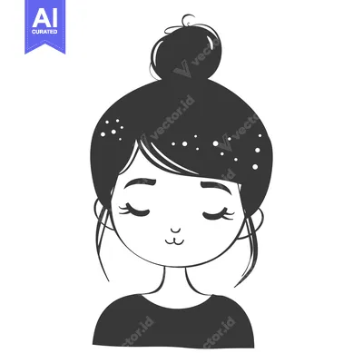 Premium design asset: Cartoon Illustration of a Young Girl with Closed Eyes and a Bun Hairst