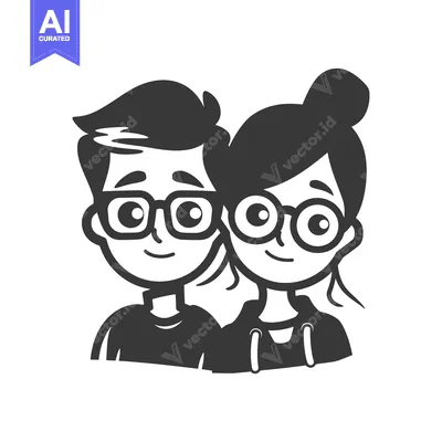 Aset desain premium: Cartoon illustration of a young man and woman wearing glasses