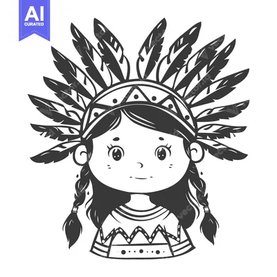 Aset premium populer: Cartoon Illustration of a Young Native American Girl Wearing a Headdre