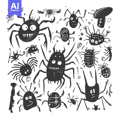 Cartoon Illustration of Various Black Spiders, Beetles and Insects