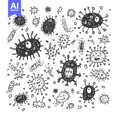 Aset desain premium: Cartoon Illustration of Various Microorganisms
