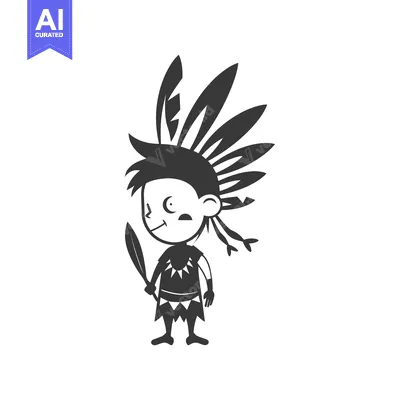 Premium design asset: Cartoon Indigenous Boy Wearing Headdress and Holding a Feather