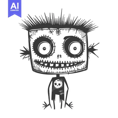 Cartoon Monster with a Square Head, Big Eyes, and a Skull on His Chest