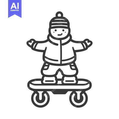 Aset desain premium: Cartoon of a person in winter clothes riding a hoverboard