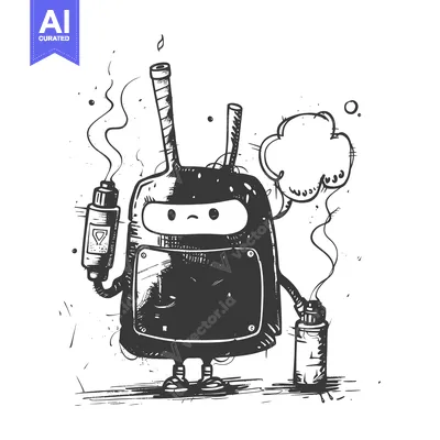 Aset desain premium: Cartoon Robot Holding a Spray Can and a Vape Pen