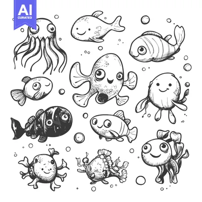 Aset premium populer: Cartoon Sea Creatures with Big Eyes and Happy Faces