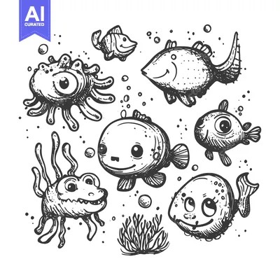 Aset premium populer: Cartoon underwater scene with fish, coral, and sea creatures