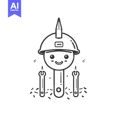 Cartoon Wrench Character Wearing a Hard Hat with Tools