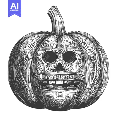 Aset desain premium: Carved Pumpkin with Skull and Aztec Design