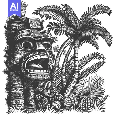 Aset premium populer: Carved Stone Tiki Head Surrounded by Palm Trees and Tropical Plants