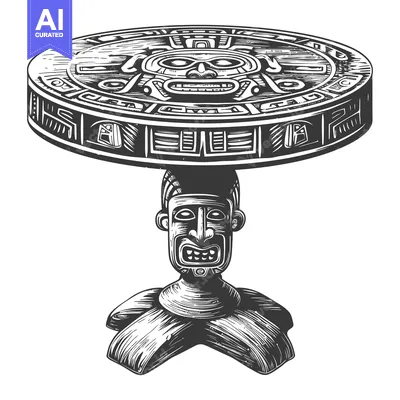 Aset desain premium: Carved Wooden Table with Mayan Mask Design