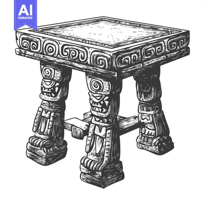 Aset desain premium: Carved Wooden Table with Three Totems as Legs
