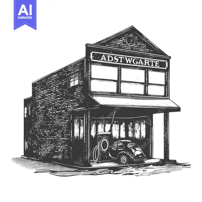 Aset desain premium: Vintage Garage Building with Classic Car Inside