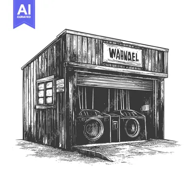Premium design asset: A rustic wooden laundromat building with two washing machines inside