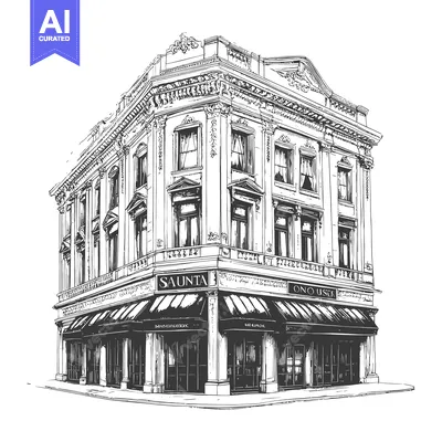 Aset desain premium: Elegant Corner Building Architectural Sketch Drawing