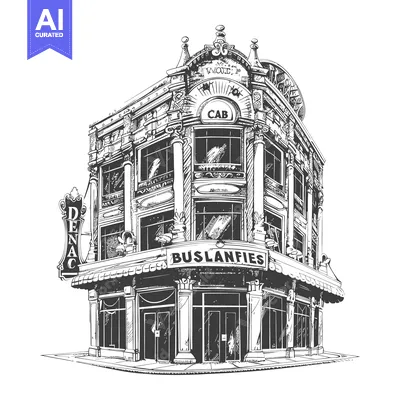 Aset desain premium: Ornate Building Sketch Featuring Buslanfies Cafe and Denac Sign