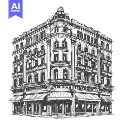 Premium design asset: Elegant Corner Building With Storefronts And Balconies