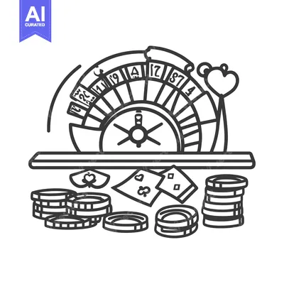 A roulette wheel with gambling chips and playing card icons