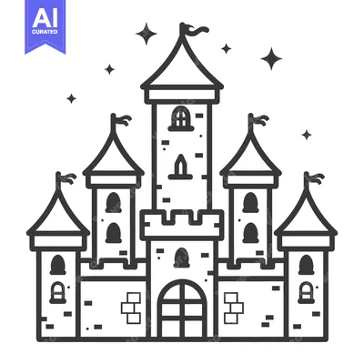 Premium design asset: A detailed black and white illustration of a majestic fairy castle