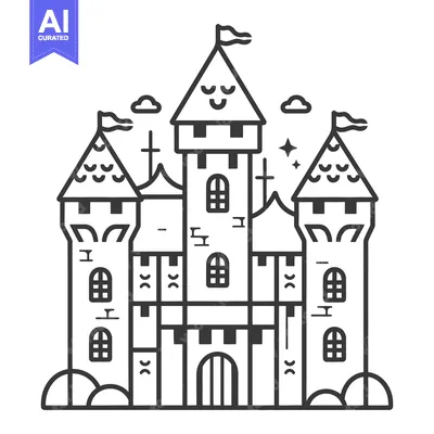 Aset premium populer: An illustrated black and white medieval fortress with turrets and flag