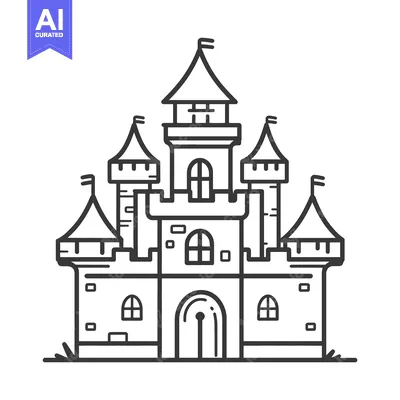 Premium design asset: A detailed line drawing of a cartoon fantasy castle