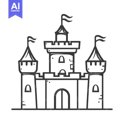 Aset desain premium: An illustrated line drawing featuring a fantasy castle with flags